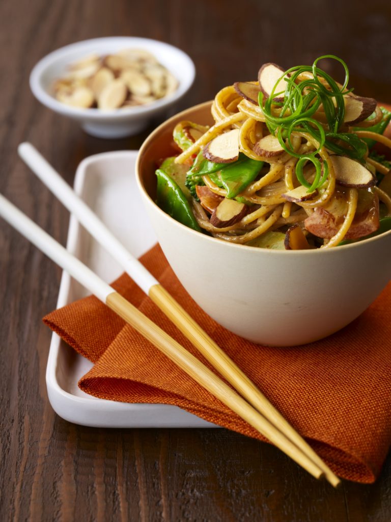 Asian Noodle Bowl with Spicy Almond Sauce Meatless Monday