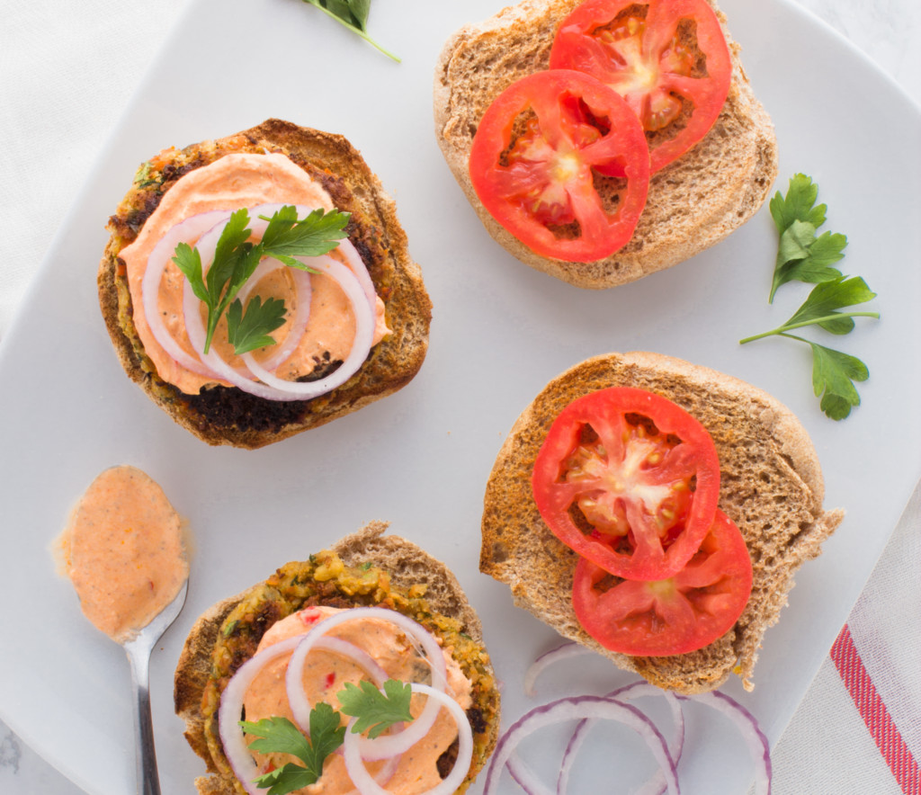 chickpea burgers with harissa yogurt