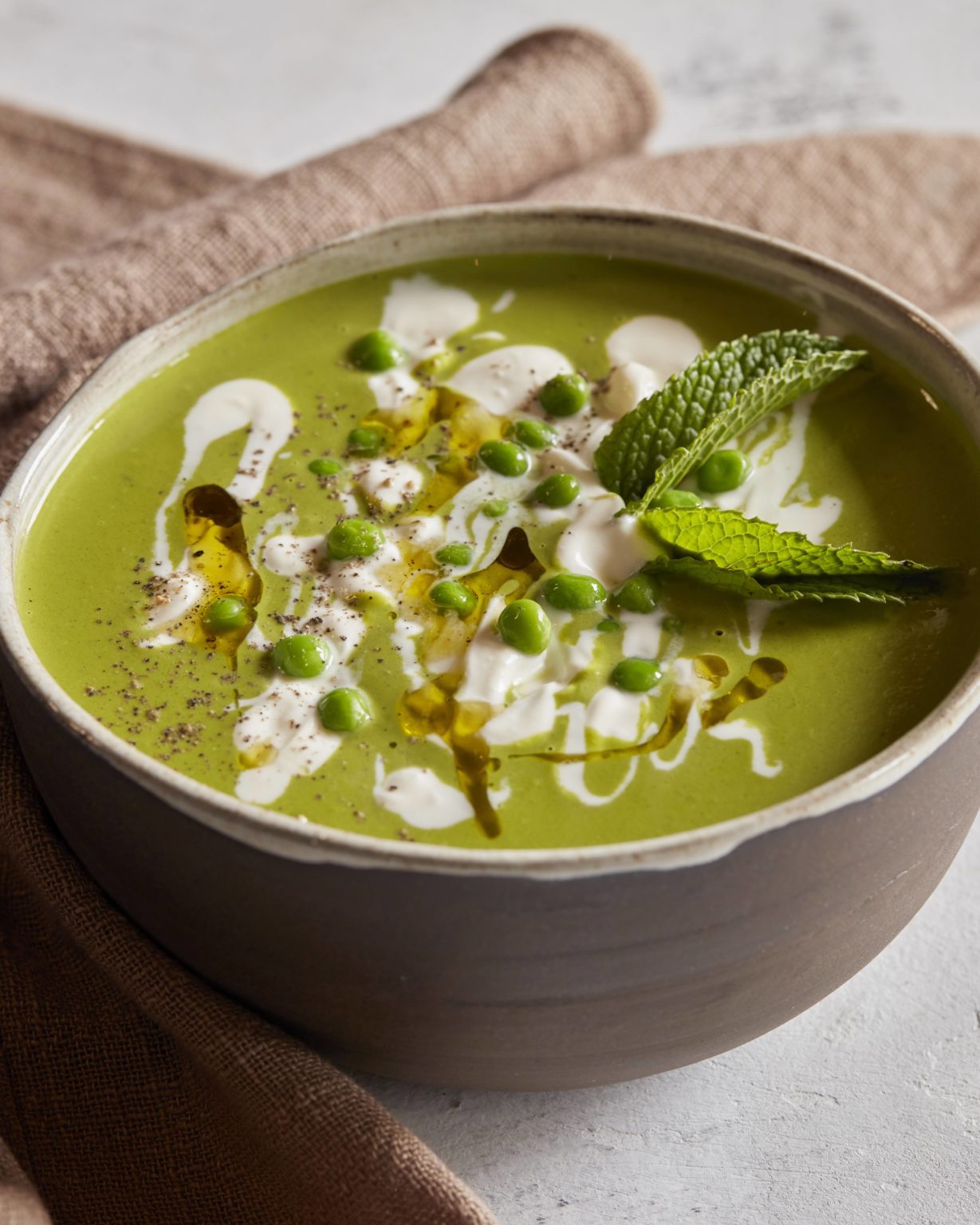 Oven-Roasted Pea Soup with Mint and Mascarpone Dressing - Meatless Monday