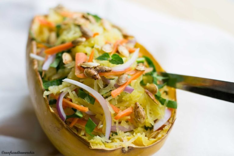 Spaghetti Squash Noodles with Spicy Peanut Sauce Meatless Monday