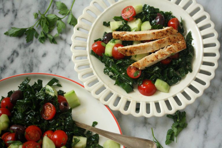 Kale Greek Salad with Chick’n Meatless Monday