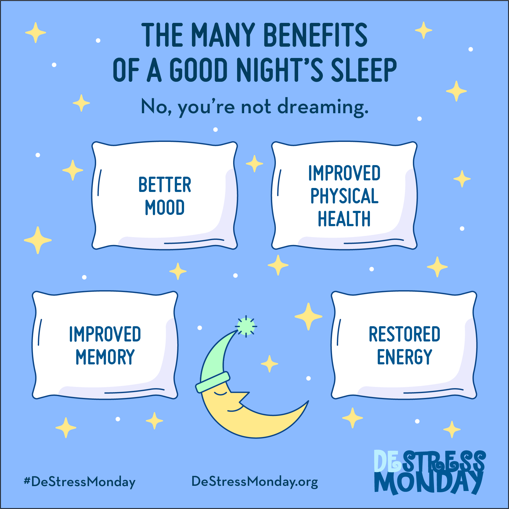 The many benefits of a good night's sleep. No, you're not dreaming. Better mood. Improved physical health. Improved memory. Restored energy.
