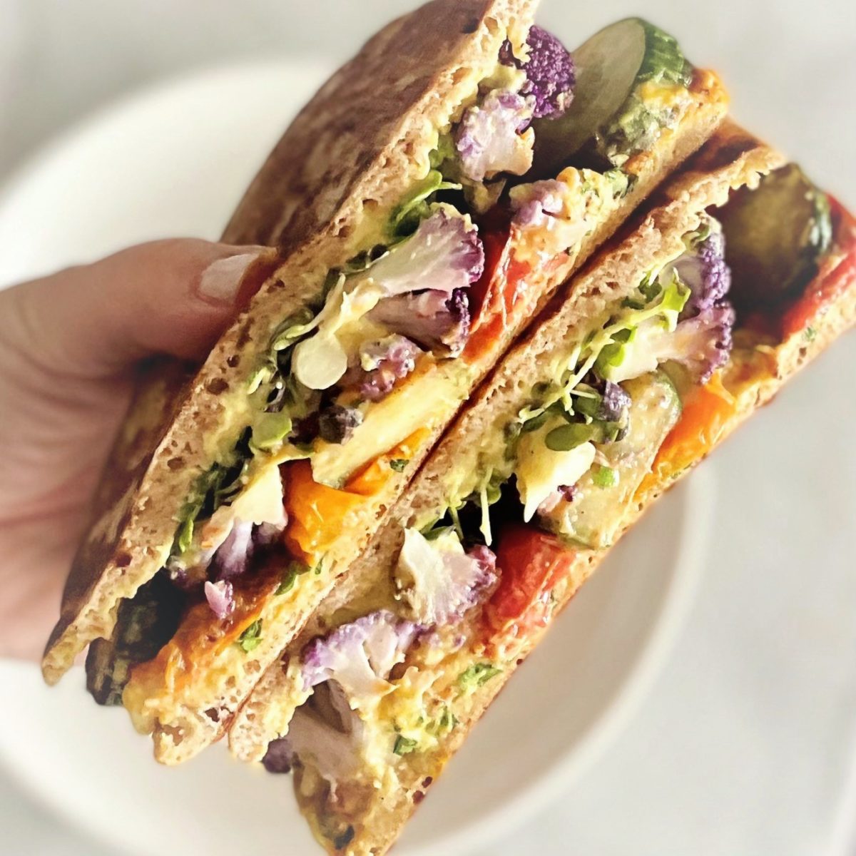 Toasted Stuffed Hummus and Roasted Cucumber Pita Sandwich Meatless Monday